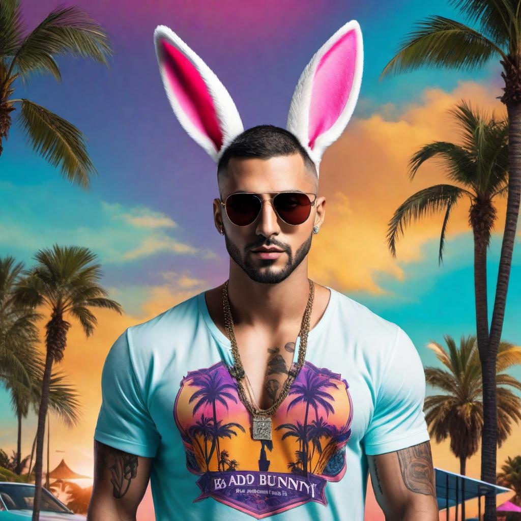  A vibrant and energetic party flyer for a Bad Bunny-themed event in Florida. The design should include an image of Bad Bunny, tropical elements like palm trees, neon lights, and vibrant colors such as pink, purple, and turquoise. The text should include the event name 'Bad Bunny Party', location 'Florida Beach Club', date and time 'Saturday, October 15th, 9 PM - 2 AM'. Make it very lively and eye-catching. hyperrealistic, full body, detailed clothing, highly detailed, cinematic lighting, stunningly beautiful, intricate, sharp focus, f/1. 8, 85mm, (centered image composition), (professionally color graded), ((bright soft diffused light)), volumetric fog, trending on instagram, trending on tumblr, HDR 4K, 8K