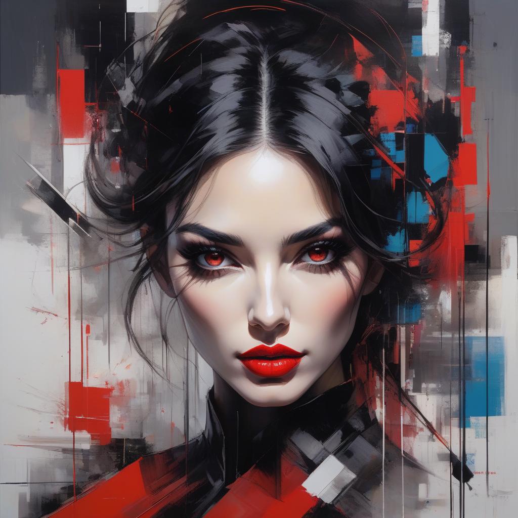  Style by Russ Mills and Piet Mondrian. A captivating abstract portrait of a woman with bold features, including striking red lips, dark and captivating eyes, with a smoky eye effect that enhances her intense gaze, and flowing black hair, against an abstract background of geometric shapes in vibrant colours, evoking a modern and fragmented, pixelated canvas. Face is abstract geometric shapes, matte finish, minimalistic surrealism. Centered, symmetry, painted, intricate, volumetric lighting, beautiful, rich deep colours masterpiece, sharp focus, ultra detailed. Blend realism and abstraction, incorporating elements of movement and depth, creating a harmonious fusion that captures contemporary beauty against a bold abstract backdrop. Allow line hyperrealistic, full body, detailed clothing, highly detailed, cinematic lighting, stunningly beautiful, intricate, sharp focus, f/1. 8, 85mm, (centered image composition), (professionally color graded), ((bright soft diffused light)), volumetric fog, trending on instagram, trending on tumblr, HDR 4K, 8K