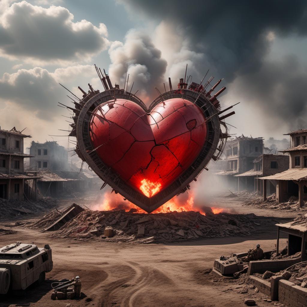  An intense image of a beating red heart situated at the center of our world at war. The heart is realistic and pulsating, surrounded by scenes from various continents involved in conflict. Show Africa, Russia, Pakistan, China, USA, and Europe with soldiers, tanks, explosions, ruined landscapes, and chaos. The contrasts emphasize the heart's vibrancy against the backdrop of worldwide destruction. hyperrealistic, full body, detailed clothing, highly detailed, cinematic lighting, stunningly beautiful, intricate, sharp focus, f/1. 8, 85mm, (centered image composition), (professionally color graded), ((bright soft diffused light)), volumetric fog, trending on instagram, trending on tumblr, HDR 4K, 8K