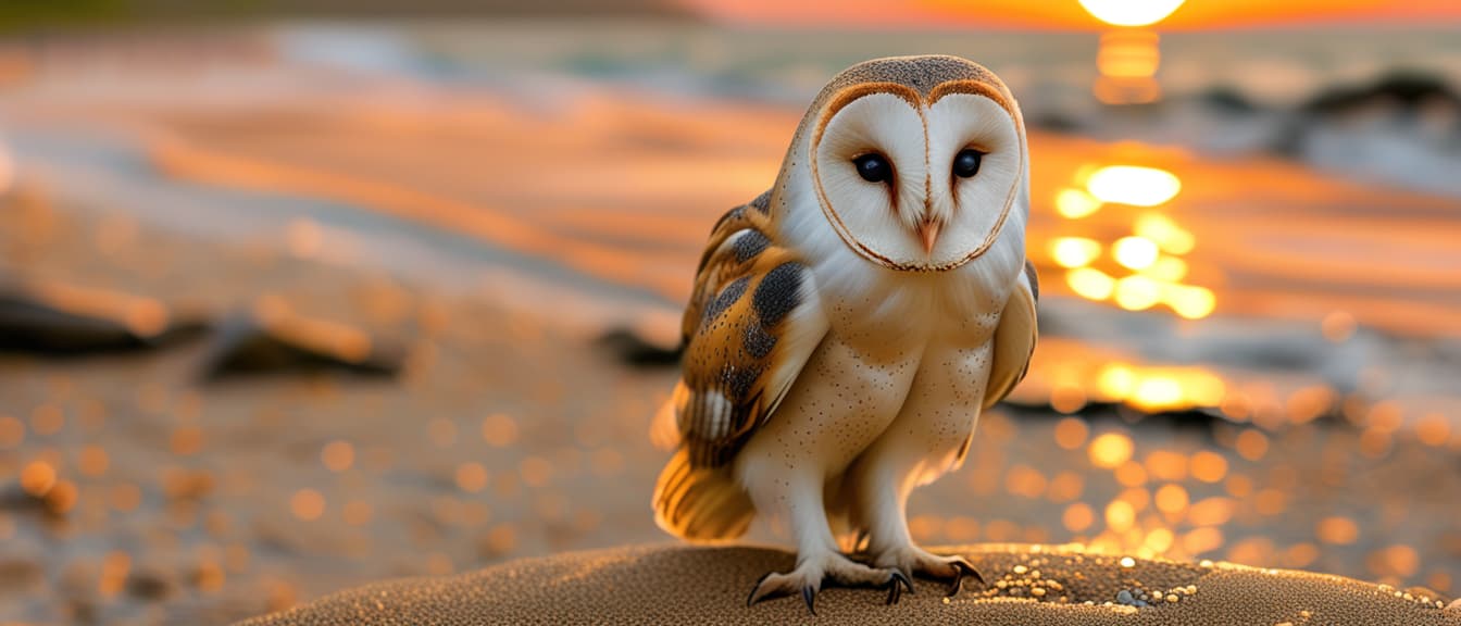  best quality, HD, Barn Owl on sand stone water beach in close up with the sunset sky,