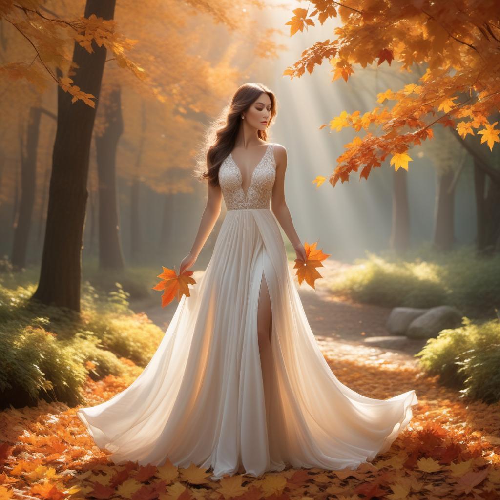  A peaceful and ethereal illustration representing the gentleness and peace found in complete surrender and release of attachment to a desired outcome. Use soft, tranquil colors for the scene. Show a figure gently letting go of glowing autumn leaves, symbolizing burdens falling away. Whispers of calm air flow around, creating an atmosphere of stillness and serenity. Incorporate soft lighting and a gentle aura to convey tender grace. The overall ambiance should be tranquil and serene, with an ethereal quality. hyperrealistic, full body, detailed clothing, highly detailed, cinematic lighting, stunningly beautiful, intricate, sharp focus, f/1. 8, 85mm, (centered image composition), (professionally color graded), ((bright soft diffused light)), volumetric fog, trending on instagram, trending on tumblr, HDR 4K, 8K