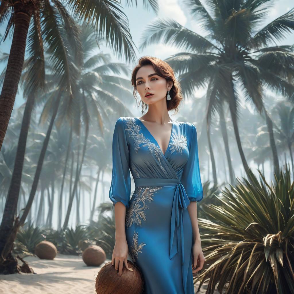  a woman stands tall in a blue dress, leans against a palm tree and drinks from a coconut hyperrealistic, full body, detailed clothing, highly detailed, cinematic lighting, stunningly beautiful, intricate, sharp focus, f/1. 8, 85mm, (centered image composition), (professionally color graded), ((bright soft diffused light)), volumetric fog, trending on instagram, trending on tumblr, HDR 4K, 8K