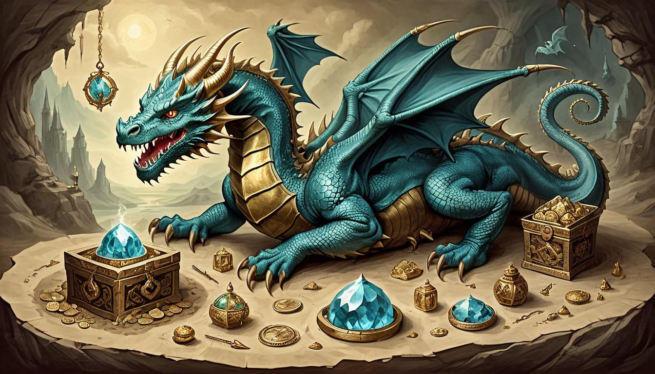  on parchment, surrealism+++, A dragon coiled protectively around a mound of glittering treasure, lethal, guarded ferocity, hoard of treasures(mysterious, provocative, symbolic,muted color)+++