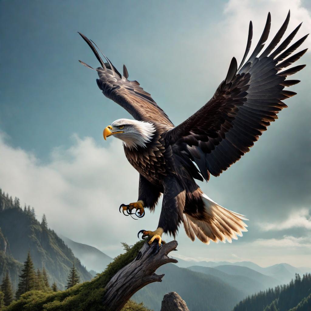  An eagle with jet black feathers and green eyes, flying in the sky with huge talons grasping a fish impaled through its talons. hyperrealistic, full body, detailed clothing, highly detailed, cinematic lighting, stunningly beautiful, intricate, sharp focus, f/1. 8, 85mm, (centered image composition), (professionally color graded), ((bright soft diffused light)), volumetric fog, trending on instagram, trending on tumblr, HDR 4K, 8K