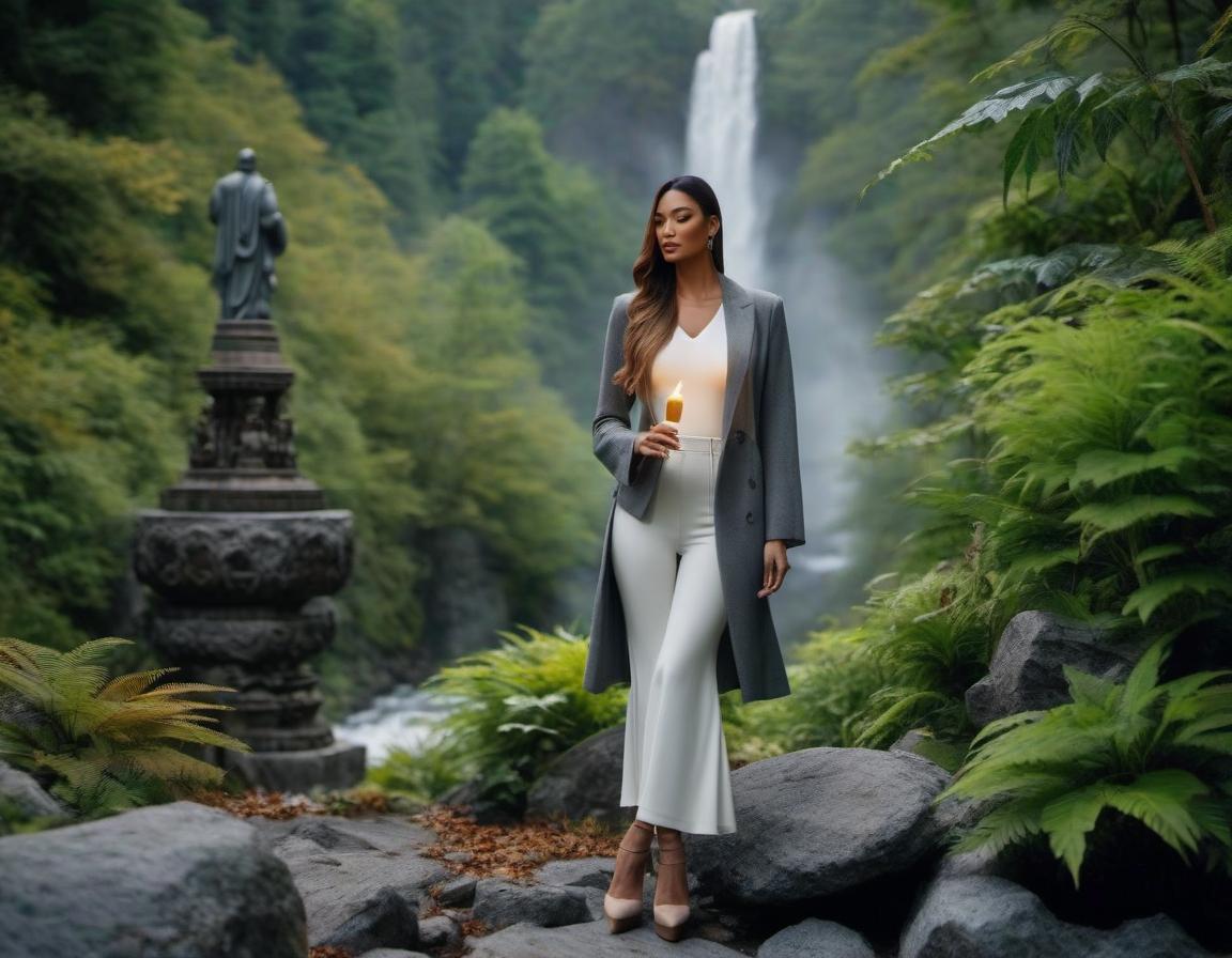  the candle stands on a gray stone and on the background is a beautiful forest landscape with a waterfall and plants hyperrealistic, full body, detailed clothing, highly detailed, cinematic lighting, stunningly beautiful, intricate, sharp focus, f/1. 8, 85mm, (centered image composition), (professionally color graded), ((bright soft diffused light)), volumetric fog, trending on instagram, trending on tumblr, HDR 4K, 8K