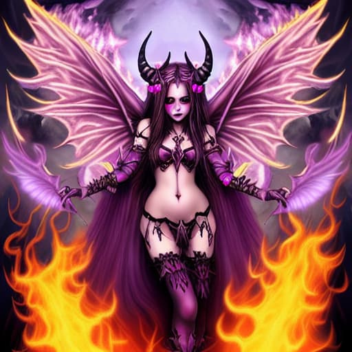 Purple Demon princess with horns and fairy wings in flames