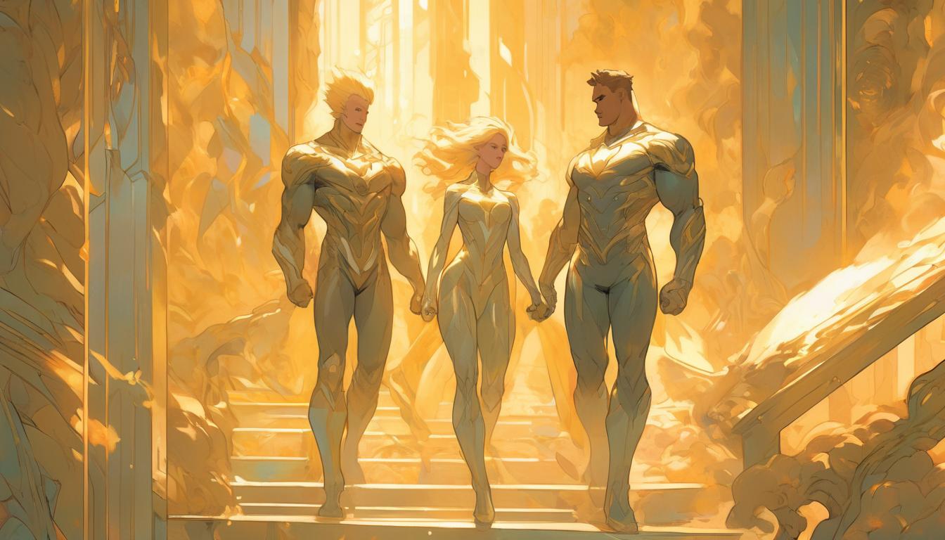  hyperrealism,fantasy aesthetic1woman1man, large busted attractive blonde arian female humanoid and handsome male humanoid, ascending a luminous staircase, ethereal surroundings, sense of transcendence, high tech clothing clad in sleek, futuristic costume with metallic accents and form fitting designs, marvel superhero comics style, unreal engine rendering