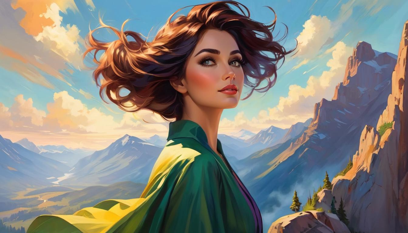  oil paintingAn attractive woman standing on a mountain peak, looking inspired and reaching out to the sky, a faint image of a potential partner climbing behind, hope and longing in the atmosphere.(energetic brushwork, bold vibrant colors, expressive, emotional,bold brush, oil stroke, raw, emotional, dynamic, distortion for emotional effect, detailed,beautiful, loose brushwork, light and shadow play, captures feeling over form, balanced color