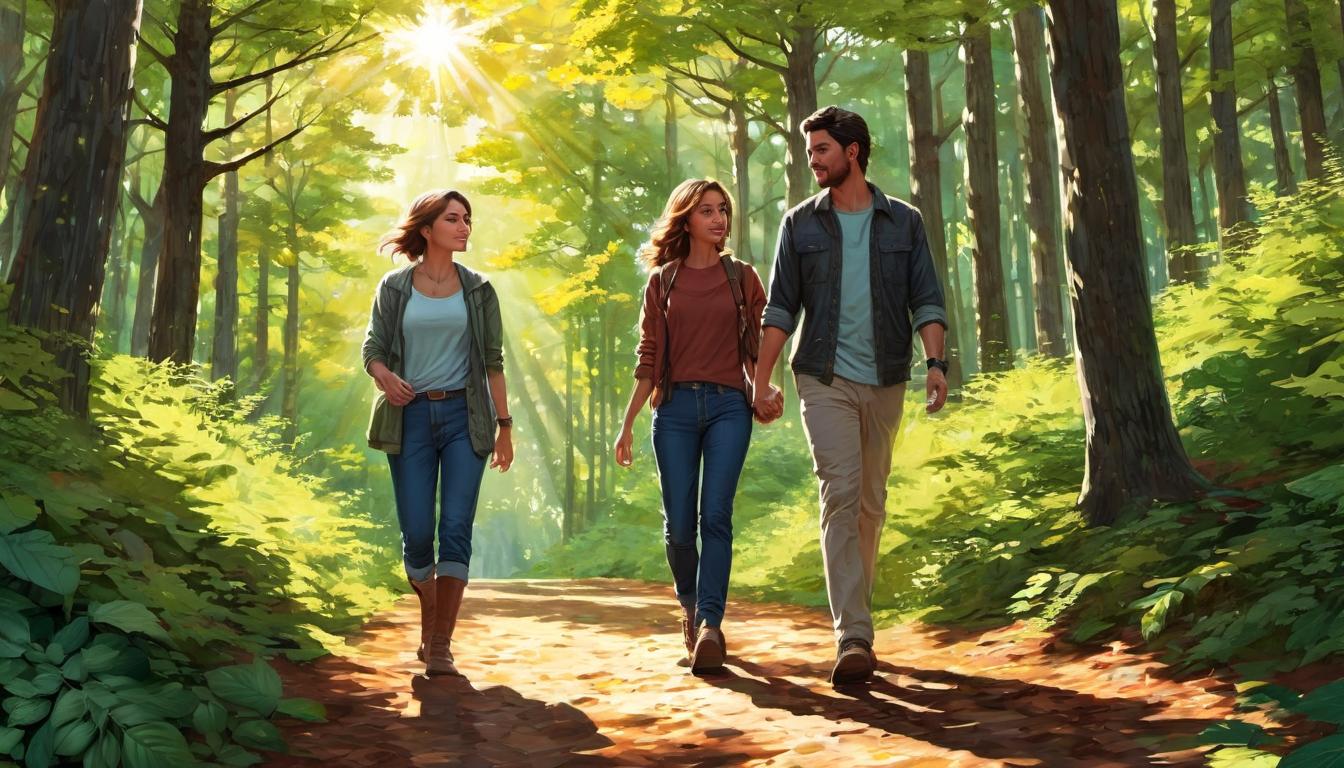  digital illustration, 1man, 1woman, walking down a forest path, hand in hand, casual outdoor clothing, sun dappled leaves, sense of discovery, companionship, exploration, looking at viewer, dynamic pose, (intricate details, masterpiece, best quality)