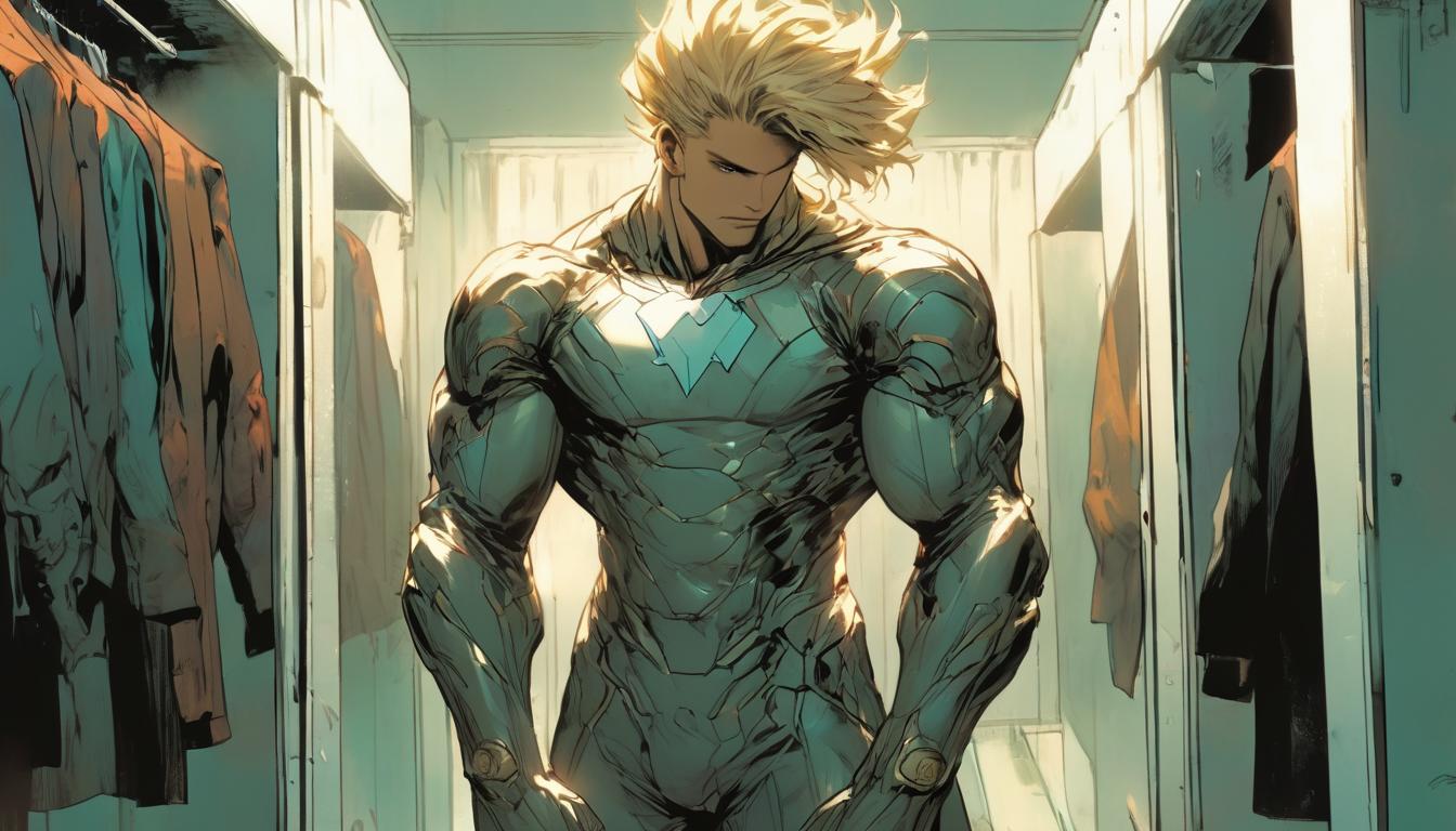  hyperrealism,fantasy aesthetic1man, attractive blonde arian male humanoid, choosing clothes from wardrobe, relaxed expression, bedroom setting, symbol of personal expression, high tech clothing clad in sleek, futuristic costume with metallic accents and form fitting designs, marvel superhero comics style, unreal engine rendering