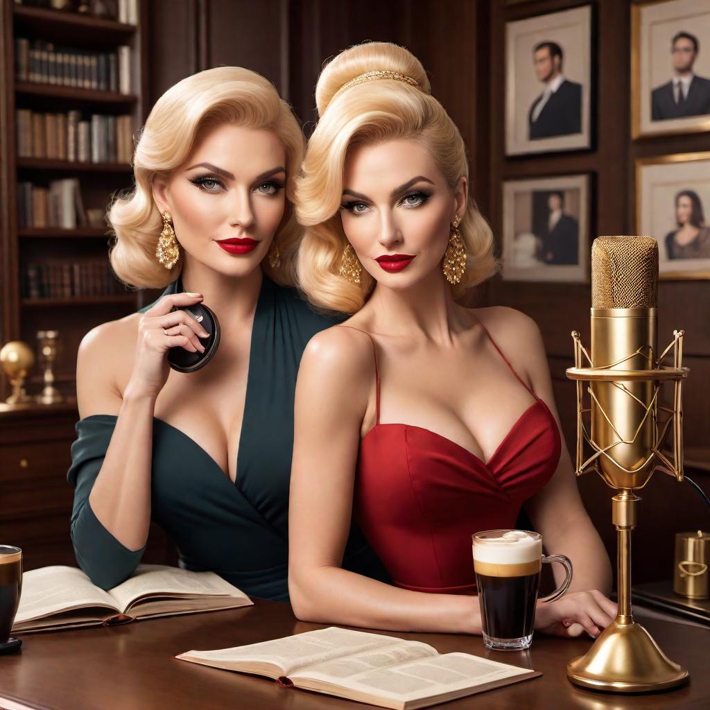  Create several podcast covers in the vintage cartoon style similar to the provided design template. Each cover should feature two distinct blonde women in their late 30s. The women should be elegantly dressed, one holding an espresso martini, and they should appear to be enjoying themselves in an upscale room set up for podcasting with microphones and headphones. The title 'Plotting Greatness' should be prominently displayed on each cover. Use warm, inviting colors like gold, white, and soft pastels to give each design a refined and royal touch. Ensure each cover is eye-catching and conveys a sense of success, matching the vintage cartoon aesthetic of the provided template. hyperrealistic, full body, detailed clothing, highly detailed, cinematic lighting, stunningly beautiful, intricate, sharp focus, f/1. 8, 85mm, (centered image composition), (professionally color graded), ((bright soft diffused light)), volumetric fog, trending on instagram, trending on tumblr, HDR 4K, 8K