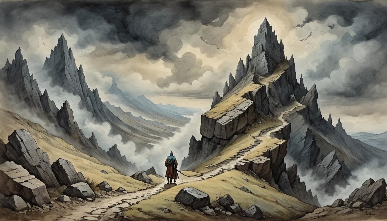  on parchment, surrealism+++, A lone figure ascending a steep mountain path, jagged rocks and harsh terrain, weathered face showing grit, storm clouds overhead, sense of triumph, perseverance(mysterious, provocative, symbolic,muted color)+++