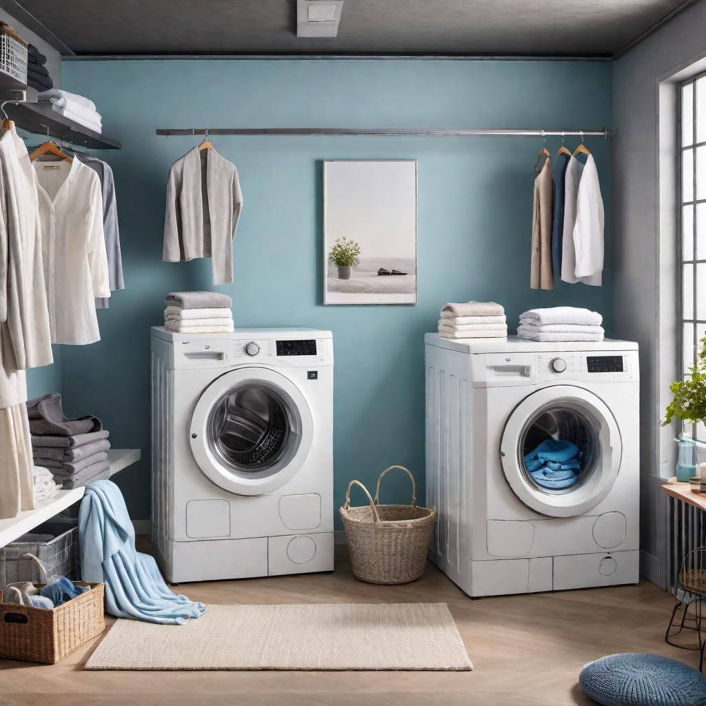  An organized scene showing various aspects of a mobile laundry service: washers and dryers in a vehicle, clothes with suds in a washing machine, neatly folded and hung clothes, and a separate pile of dirty laundry. The scene should be bright, clean, and inviting, capturing the efficiency and convenience of the service. hyperrealistic, full body, detailed clothing, highly detailed, cinematic lighting, stunningly beautiful, intricate, sharp focus, f/1. 8, 85mm, (centered image composition), (professionally color graded), ((bright soft diffused light)), volumetric fog, trending on instagram, trending on tumblr, HDR 4K, 8K