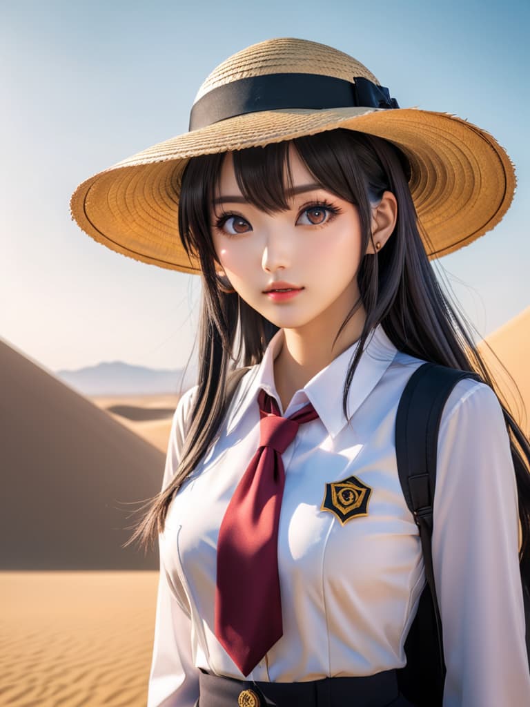  (score 9), score 8 up, highres, 1girl, anime, school uniform, straw hat, desert hyperrealistic, full body, detailed clothing, highly detailed, cinematic lighting, stunningly beautiful, intricate, sharp focus, f/1. 8, 85mm, (centered image composition), (professionally color graded), ((bright soft diffused light)), volumetric fog, trending on instagram, trending on tumblr, HDR 4K, 8K