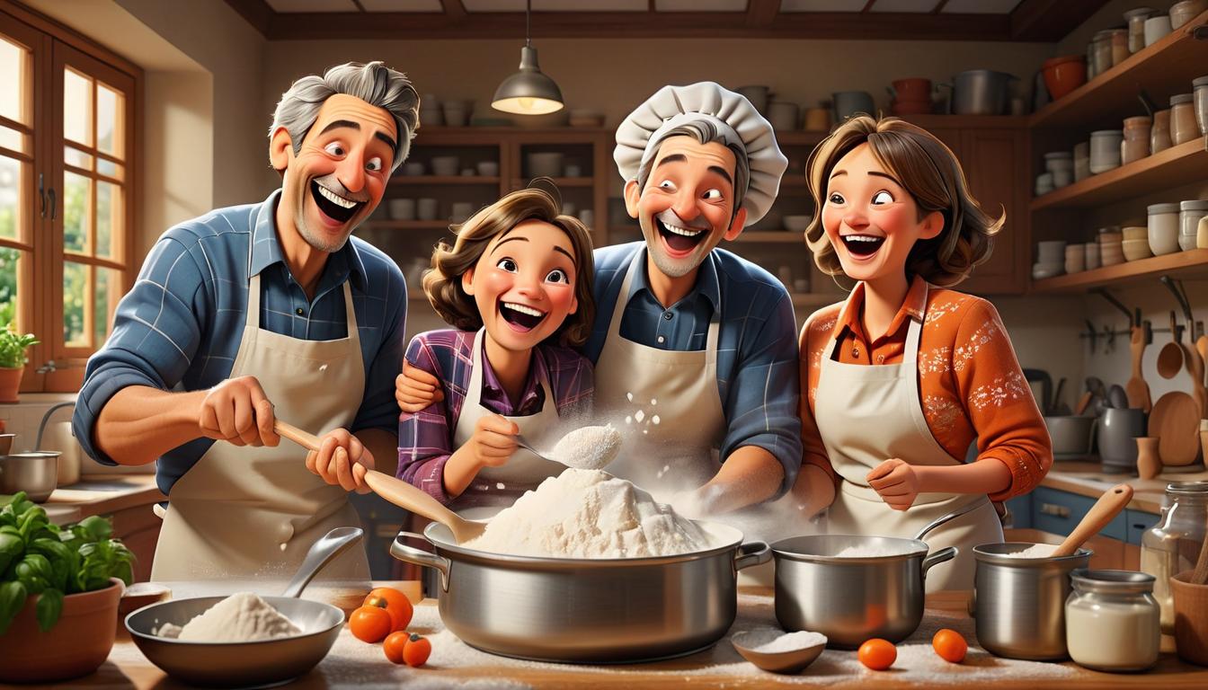  1man, 1woman, surrounded by cookbooks and ingredients, woman covered in flour laughing, man with a ladle in a pot, both tasting from the same spoon, cozy kitchen, warmth, humor, collaboration, digital illustration, very aesthetic, highres, 4k, 8k, intricate detail, cinematic lighting, amazing quality, amazing shading, official artwork, wallpaper