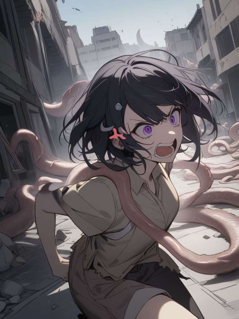  ((Tentacles coming out of the back,beige Tentacles,beige feeler,beige sharp tentacle))1.8,((Anger,screaming,hatred))1.2,murderous intent,mouths open,running,tattered clothes,rubble,collapsed buildings,cool girl,Black hair,(purple eyes),short,cropped hair,crescent moon hair ornament, masterpiece, best quality,8k,ultra detailed,high resolution,an extremely delicate and beautiful,hyper detail