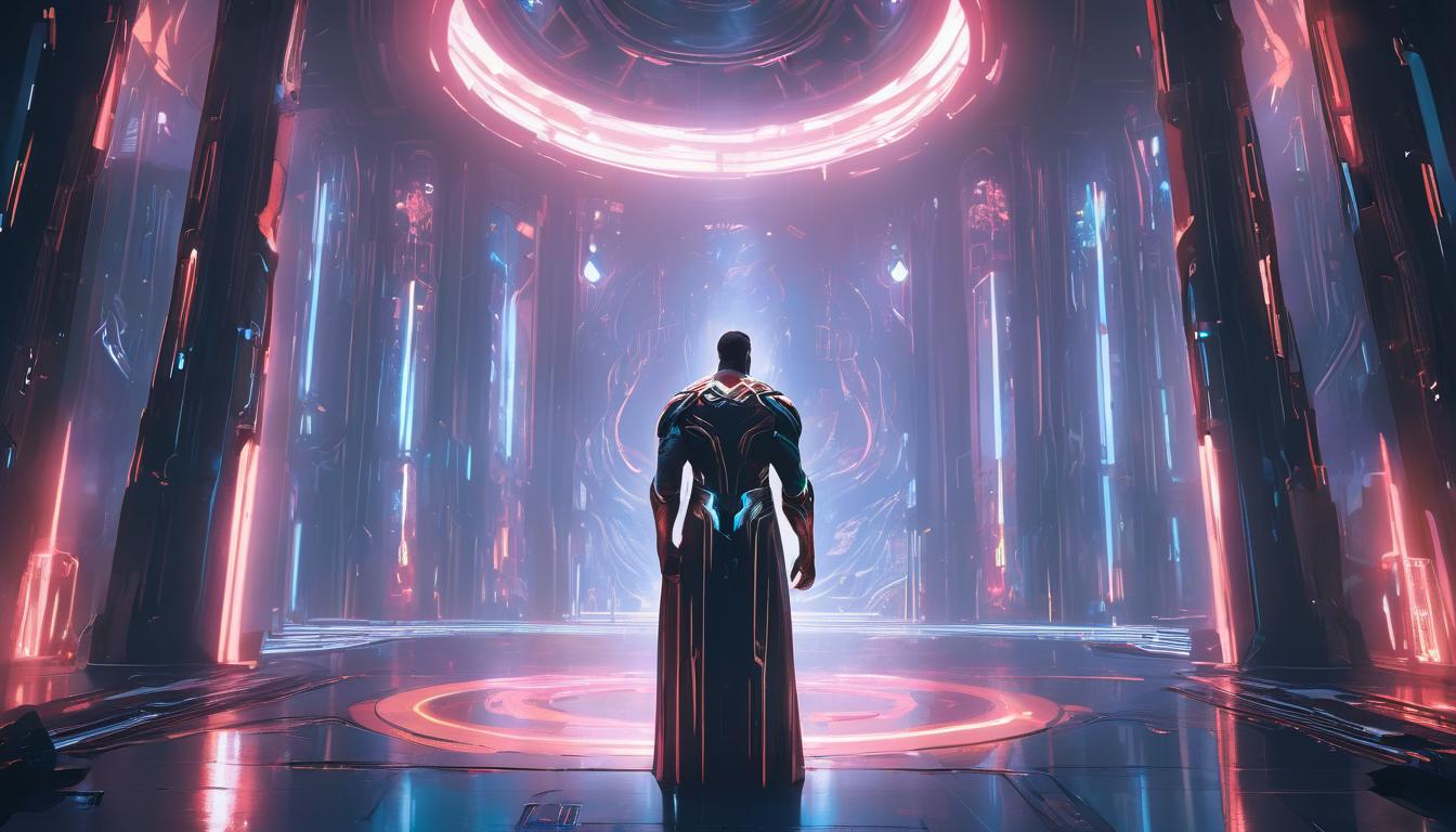  hyperrealism,fantasy aestheticAn inner sanctum, glowing with light, a place of refuge, serene, recharging, high tech clothing clad in sleek, futuristic costume with metallic accents and form fitting designs, marvel superhero comics style, unreal engine rendering