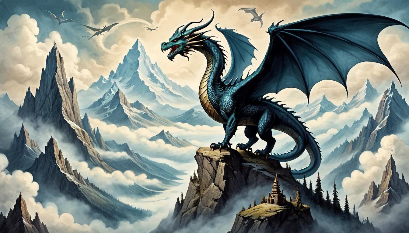  on parchment, surrealism+++, A mythical dragon soaring above a mountain range, high above the clouds, symbolizing the relentless pursuit of excellence, powerful and awe inspiring presence(mysterious, provocative, symbolic,muted color)+++