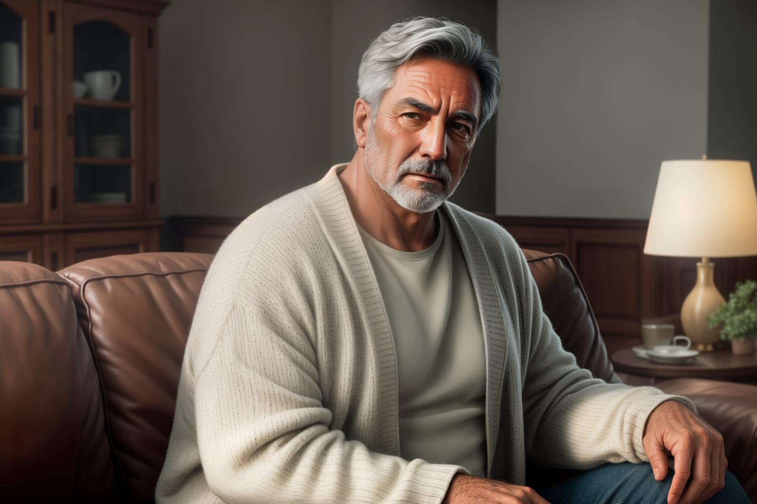  Close up of a middle aged man grabbing his chest with a pained expression, seated on a couch in a well lit, cozy living room. Background is soft focus. Realistic, detailed, high quality, photorealistic style to capture urgency and emotional impact."Ensure all images are clear, detailed, contains no text and no deformities. realistic, highly detailed, photorealistic, cinematic lighting, intricate, sharp focus, f/1.8, 85mm, (centered image composition), (professionally color graded), ((bright soft diffused light)), HDR 4K, 8K, (no text:1.4). hyperrealistic, full body, detailed clothing, highly detailed, cinematic lighting, stunningly beautiful, intricate, sharp focus, f/1. 8, 85mm, (centered image composition), (professionally color graded), ((bright soft diffused light)), volumetric fog, trending on instagram, trending on tumblr, HDR 4K, 8K