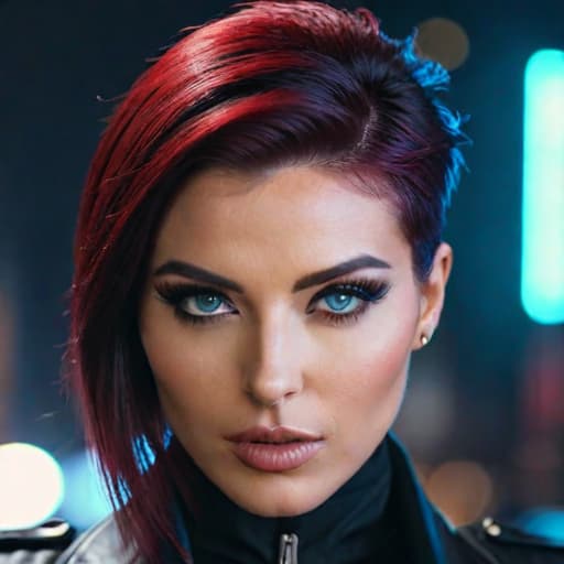  ultra realistic close up portrait ((beautiful pale cyberpunk female with heavy black eyeliner)), blue eyes, shaved side haircut, hyper detail, cinematic lighting, magic neon, dark red city, Canon EOS R3, nikon, f/1.4, ISO 200, 1/160s, 8K, RAW, unedited, symmetrical balance, in frame, 8K hyperrealistic, full body, detailed clothing, highly detailed, cinematic lighting, stunningly beautiful, intricate, sharp focus, f/1. 8, 85mm, (centered image composition), (professionally color graded), ((bright soft diffused light)), volumetric fog, trending on instagram, trending on tumblr, HDR 4K, 8K