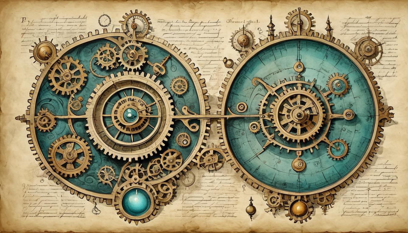  on parchment, surrealism+++, A dual sided scale, one side filled with mechanical gears and scrolls, the other with glowing orbs and abstract forms, represents the harmony between structure and creativity(mysterious, provocative, symbolic,muted color)+++