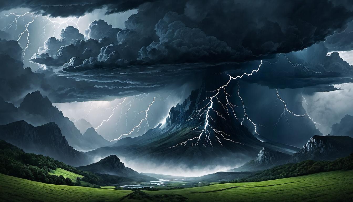  （surrealism)Raging storm, sweeping away everything in its path, dark clouds, intense wind, unstoppable force mystic, intricate details, best quality)