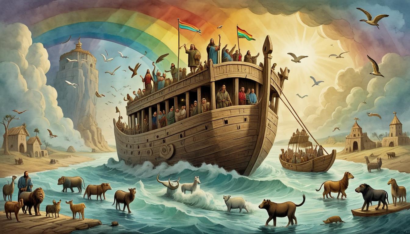  on parchment, surrealism+++, Noah and his family stepping off the ark onto dry land, rainbow appearing in the sky, animals following, new beginnings, calm and hopeful atmosphere(mysterious, provocative, symbolic,muted color)+++