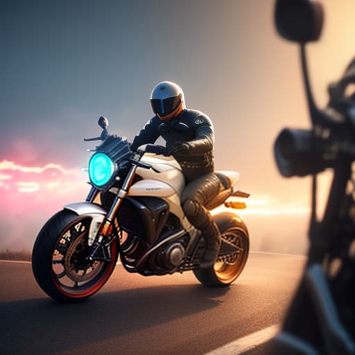  motorcycle run to sunrise hyperrealistic, full body, detailed clothing, highly detailed, cinematic lighting, stunningly beautiful, intricate, sharp focus, f/1. 8, 85mm, (centered image composition), (professionally color graded), ((bright soft diffused light)), volumetric fog, trending on instagram, trending on tumblr, HDR 4K, 8K