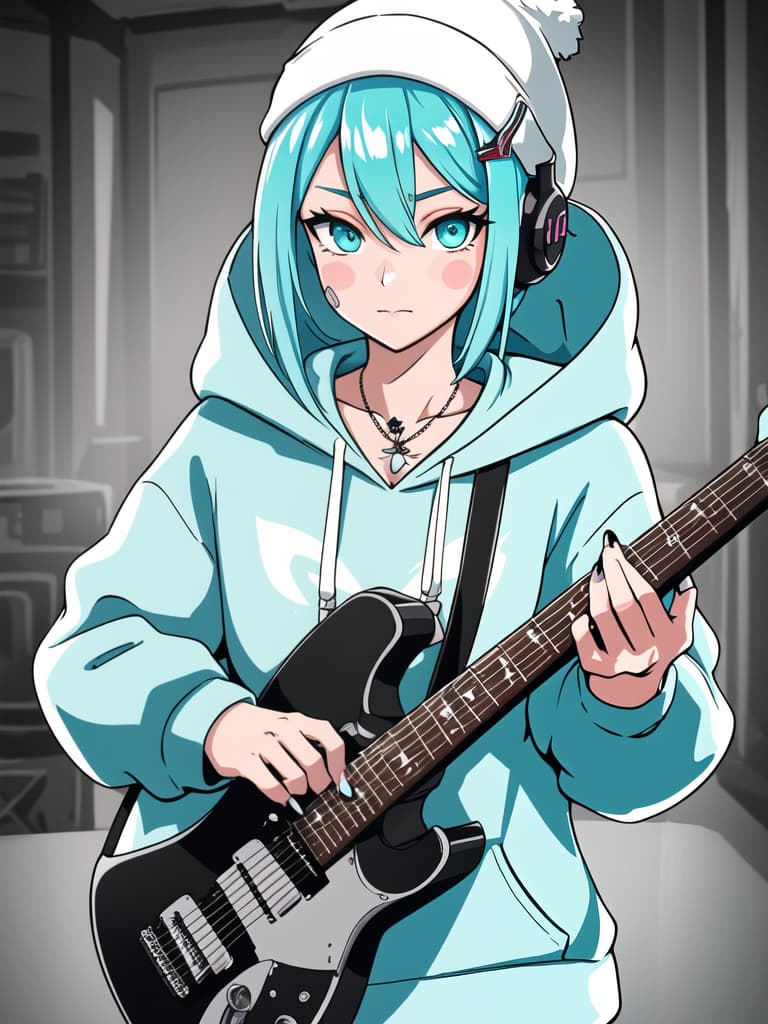  detailed background,indoors,aqua hair,holding phone,hairclip,hair between eyes,guitar,beanie,straight on,looking at viewer,eyes visible through hair,electric guitar,closed mouth,effects pedal,headphones,upper body,hat,hoodie,instrument,solo,aqua eyes,sticker,hood down,phone,parental advisory,nail polish,smartphone,cellphone,jewelry,1girl,white headwear,bandaid on nose,patch,bandaid on face,short hair,original,bandaid,highres,sidelocks,holding,grey hoodie,circuit board,long sleeves,aqua nails,necklace,standing,print hoodie,ring,hair ornament,yorugata mao,hood,bandaid on cheek hyperrealistic, full body, detailed clothing, highly detailed, cinematic lighting, stunningly beautiful, intricate, sharp focus, f/1. 8, 85mm, (centered image composition), (professionally color graded), ((bright soft diffused light)), volumetric fog, trending on instagram, trending on tumblr, HDR 4K, 8K