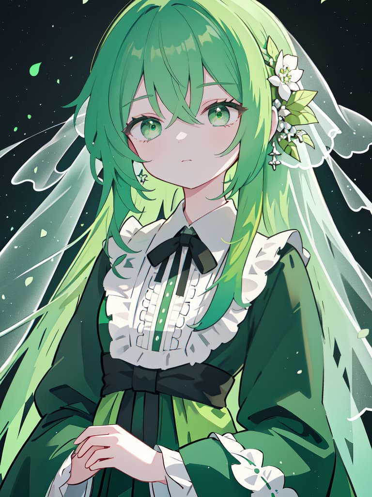  Expression of green hair characters in mourning clothes, masterpiece, best quality,8k,ultra detailed,high resolution,an extremely delicate and beautiful,hyper detail