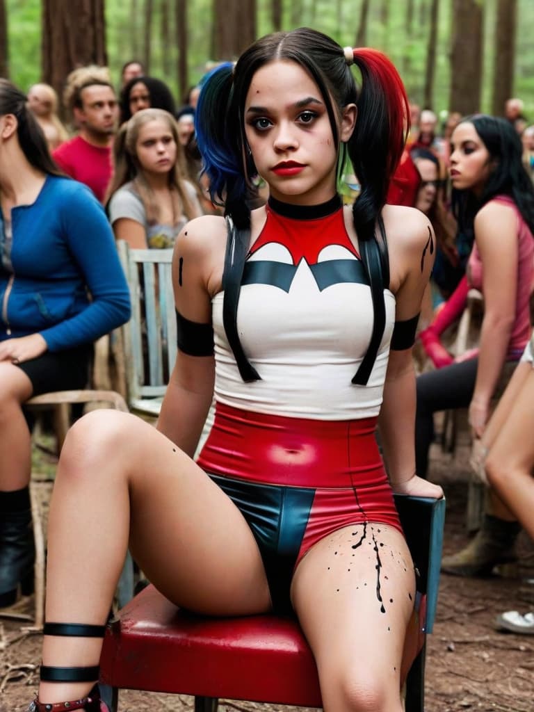  very young very attractive old Jenna Ortega as Harley Quinn , pigtails hair, , short body, full body in view, exhausted look, sitting on chair in crowded womens cult gathering in the woods, wearing high heel shoes, crowd of women in background wearing no clothes, ((white slime dripping on )):1.2, ((white slime dripping on ))1.1, ing legs, legs open, (perfect ), (((hands on body)))1.7, (HIGH DETAIL), LONG HAIR, , all body in view ,high quality, realistic lighting, symmetrical natural eyes, long legs, natural eyes, beautiful realistic face, high detail, zoomed out, extremely detailed, photo (ultra), photorealistic, realistic, max detail, real life, ultra realistic, photography, photography, 