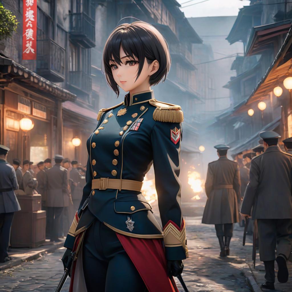  anime artwork Soi Fong , , Captain of the 2nd Division and current Commander of the Onmitsuou, small , open back, short hair and two ids . anime style, key visual, vint, studio anime, highly detailed hyperrealistic, full body, detailed clothing, highly detailed, cinematic lighting, stunningly beautiful, intricate, sharp focus, f/1. 8, 85mm, (centered image composition), (professionally color graded), ((bright soft diffused light)), volumetric fog, trending on instagram, trending on tumblr, HDR 4K, 8K