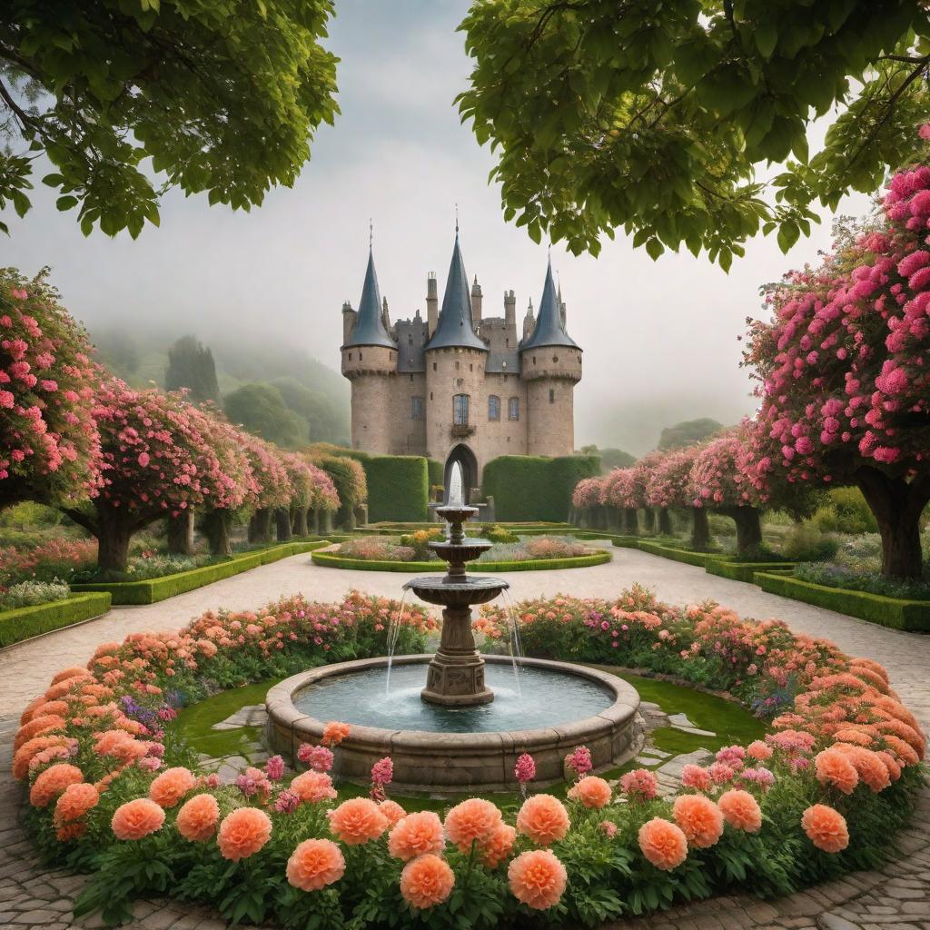  A medieval castle surrounded by a beautiful flower garden with a majestic fountain in the center, exuding a sense of tranquility and elegance. hyperrealistic, full body, detailed clothing, highly detailed, cinematic lighting, stunningly beautiful, intricate, sharp focus, f/1. 8, 85mm, (centered image composition), (professionally color graded), ((bright soft diffused light)), volumetric fog, trending on instagram, trending on tumblr, HDR 4K, 8K