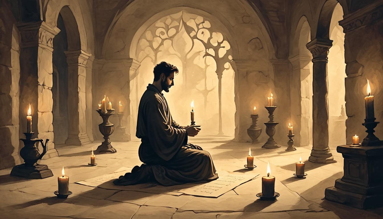  on parchment, surrealism+++, Meditator in a dimly lit room, candles in the background, person sitting quietly, shadows dancing around, tranquil, introspective(mysterious, provocative, symbolic,muted color)+++