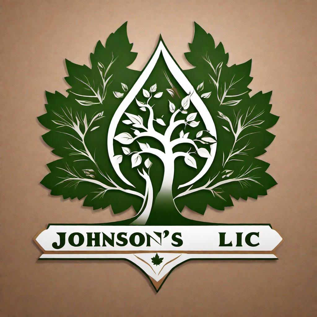  A professional tree service logo for Johnson’s Tree Service LLC. The logo features a stylized tree with leaves and branches, subtly integrates tools like saws or axes, and uses earthy tones like greens and browns. The design should be clean, professional, and clearly display the company name 'Johnson’s Tree Service LLC'. hyperrealistic, full body, detailed clothing, highly detailed, cinematic lighting, stunningly beautiful, intricate, sharp focus, f/1. 8, 85mm, (centered image composition), (professionally color graded), ((bright soft diffused light)), volumetric fog, trending on instagram, trending on tumblr, HDR 4K, 8K