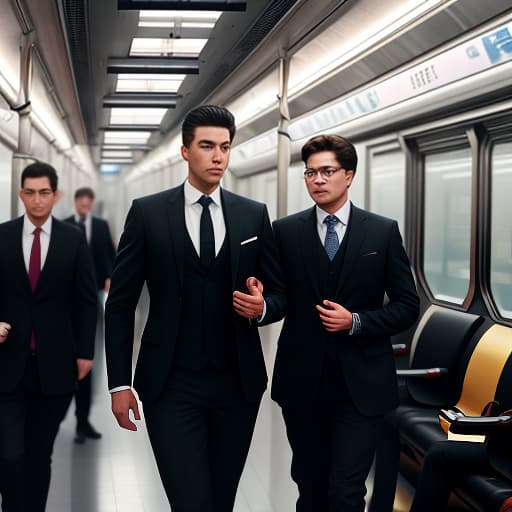  a young man dressed in a strict business suit and coat and a student are traveling on the subway, in the same carriage. hyperrealistic, full body, detailed clothing, highly detailed, cinematic lighting, stunningly beautiful, intricate, sharp focus, f/1. 8, 85mm, (centered image composition), (professionally color graded), ((bright soft diffused light)), volumetric fog, trending on instagram, trending on tumblr, HDR 4K, 8K