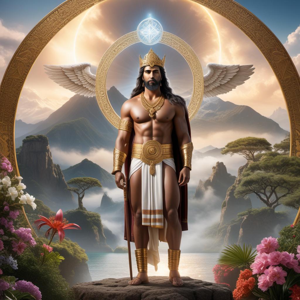  A representation of God in a general, inclusive manner. The image includes multiple symbols from various religious and cultural traditions. For example, a divine figure surrounded by light, a halo, symbols like a Christian cross, Hindu Om, and Greek mythology elements. The setting is ethereal, combining elements of heaven, temples, and nature, with a powerful, peaceful aura. hyperrealistic, full body, detailed clothing, highly detailed, cinematic lighting, stunningly beautiful, intricate, sharp focus, f/1. 8, 85mm, (centered image composition), (professionally color graded), ((bright soft diffused light)), volumetric fog, trending on instagram, trending on tumblr, HDR 4K, 8K