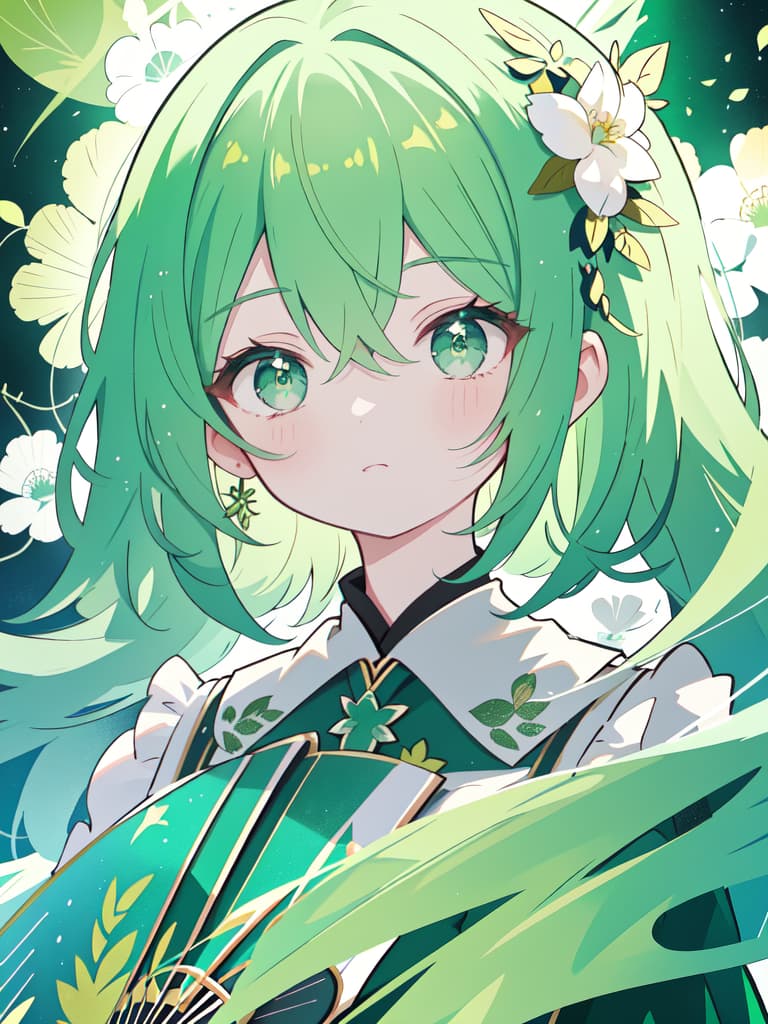  Green hair character on a fan, masterpiece, best quality,8k,ultra detailed,high resolution,an extremely delicate and beautiful,hyper detail