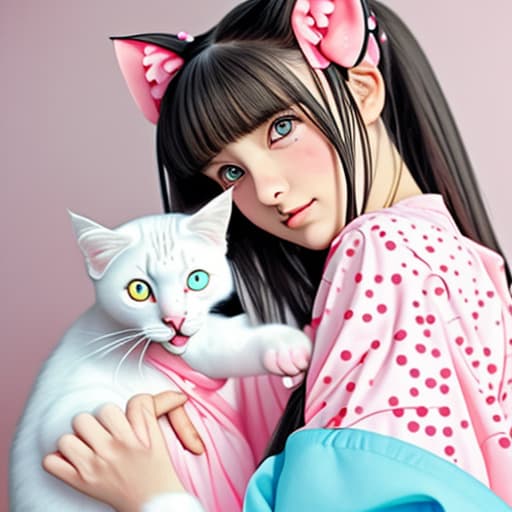  Little anime girl holding a white and spotted kitty