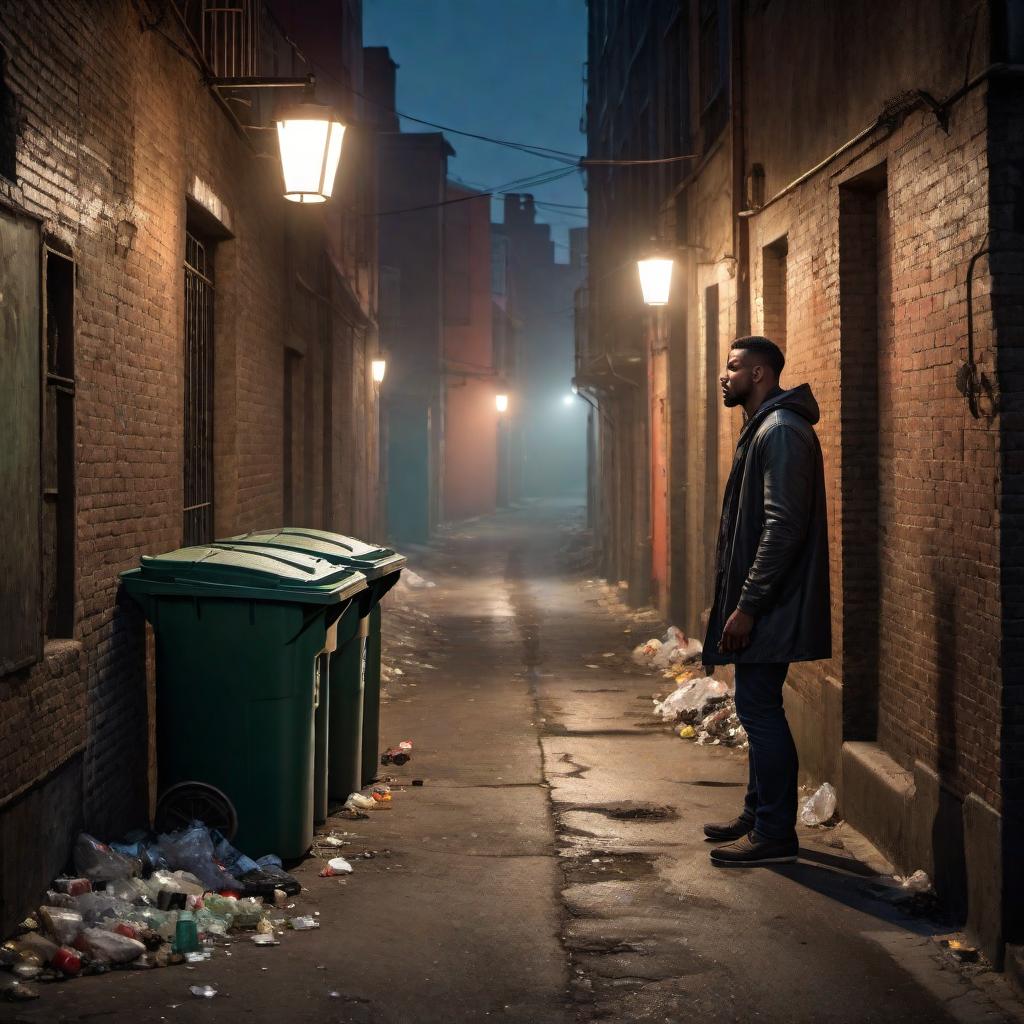  A man eating out of a garbage can in an alleyway at night, illuminated by a single street light. The scene is dark and gritty, emphasizing the somber and desperate atmosphere. hyperrealistic, full body, detailed clothing, highly detailed, cinematic lighting, stunningly beautiful, intricate, sharp focus, f/1. 8, 85mm, (centered image composition), (professionally color graded), ((bright soft diffused light)), volumetric fog, trending on instagram, trending on tumblr, HDR 4K, 8K