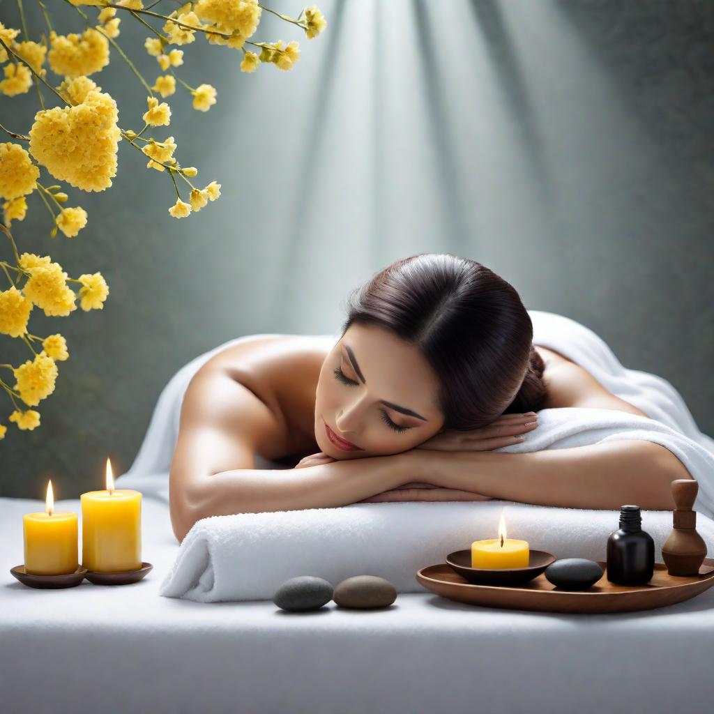  A serene and relaxing image for a massage business called 'Massage by Lyndsey'. It should have a calming atmosphere with hints of yellow, grey, and green. The design should be unique, combining subtlety with the ability to draw attention. Key elements might include soft lighting, gentle waves, or abstract representations of peace and relaxation. The colors should blend harmoniously to evoke a sense of tranquility. hyperrealistic, full body, detailed clothing, highly detailed, cinematic lighting, stunningly beautiful, intricate, sharp focus, f/1. 8, 85mm, (centered image composition), (professionally color graded), ((bright soft diffused light)), volumetric fog, trending on instagram, trending on tumblr, HDR 4K, 8K