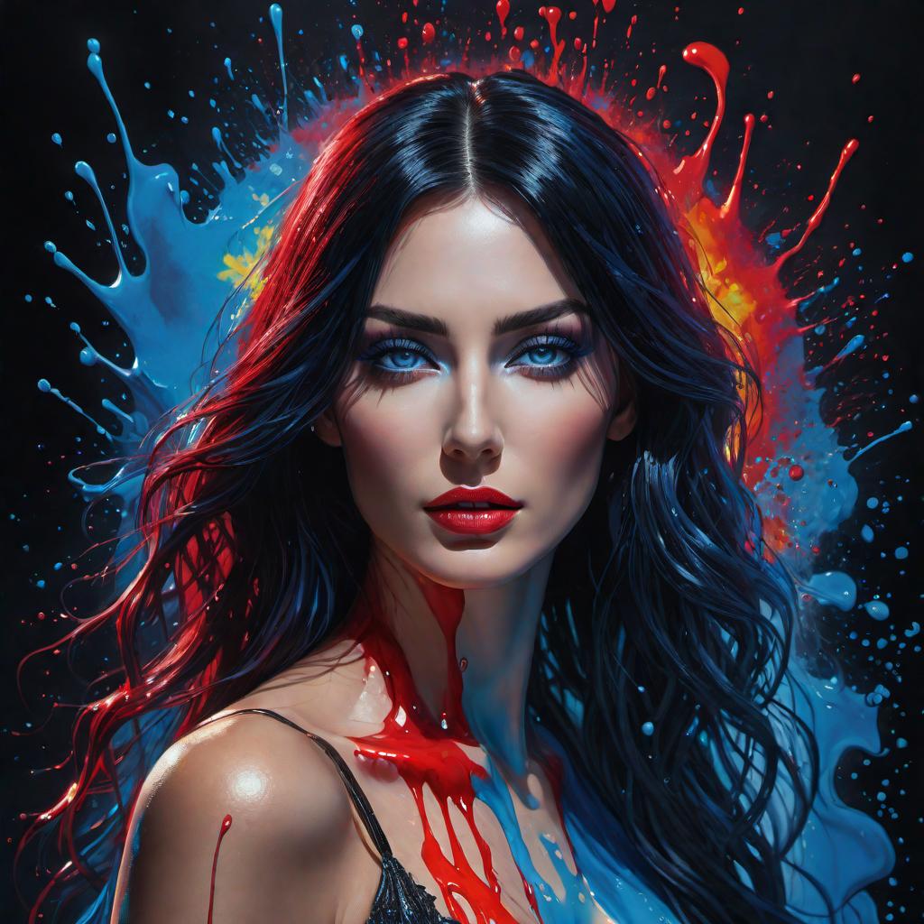  a vibrant image of a siren woman with black hair and blue eyes, in a drip paint effect. The scene transitions from darkness to light, representing transformation and renewal. The woman stands illuminated amidst bright, radiant colors with dripping paint strokes, signifying her movement from shadow to brightness. Her figure is central, captivating, and ethereal against the merge of dark and light hues. hyperrealistic, full body, detailed clothing, highly detailed, cinematic lighting, stunningly beautiful, intricate, sharp focus, f/1. 8, 85mm, (centered image composition), (professionally color graded), ((bright soft diffused light)), volumetric fog, trending on instagram, trending on tumblr, HDR 4K, 8K