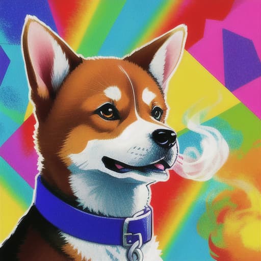  shiba inu dog, high quality, smoking a joint, peace sign, colorful, trippy