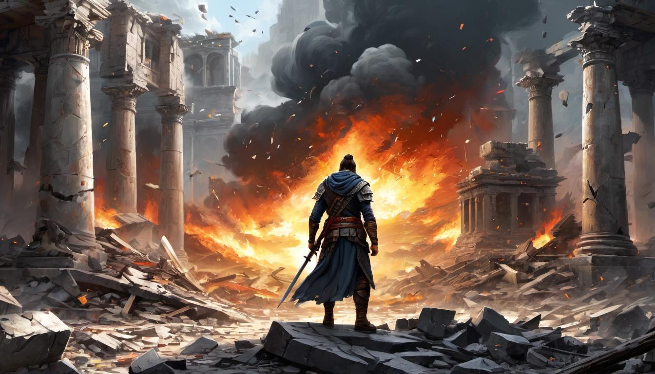  digital painting of A defiant figure standing amidst shattered divine symbols, ruins of holy structures, resolute, rebellious looking at viewer, dynamic pose, (intricate details, masterpiece, best quality)