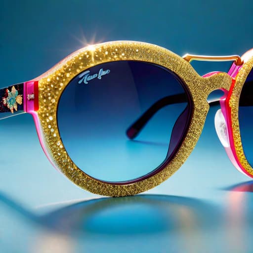  Subject detail: the image depicts a Highly detailed pair of sunglasses with vintage styling, The sunglasses are made from a combination of glitter, metallic, coloured acetate. Art style: in the mixed art style of Irregular Choice, and Osamu Tezuka. Medium: This artwork is highly detailed and photorealistic. hyperrealistic, full body, detailed clothing, highly detailed, cinematic lighting, stunningly beautiful, intricate, sharp focus, f/1. 8, 85mm, (centered image composition), (professionally color graded), ((bright soft diffused light)), volumetric fog, trending on instagram, trending on tumblr, HDR 4K, 8K