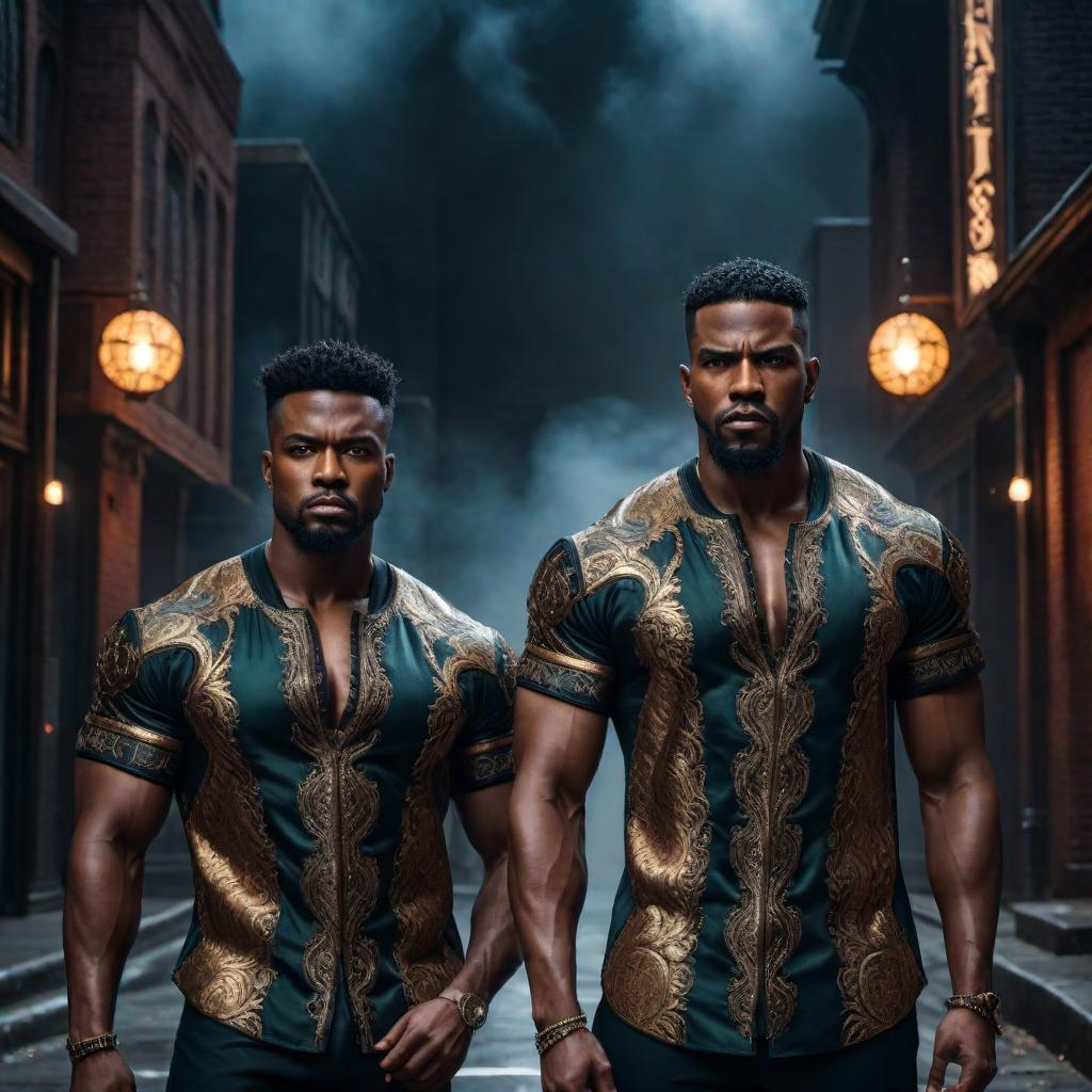  Angry black male twins in lofi fantasy style, Gemini zodiac, intense expressions, dark moody background, vibrant colors, celestial elements, intricate details. hyperrealistic, full body, detailed clothing, highly detailed, cinematic lighting, stunningly beautiful, intricate, sharp focus, f/1. 8, 85mm, (centered image composition), (professionally color graded), ((bright soft diffused light)), volumetric fog, trending on instagram, trending on tumblr, HDR 4K, 8K