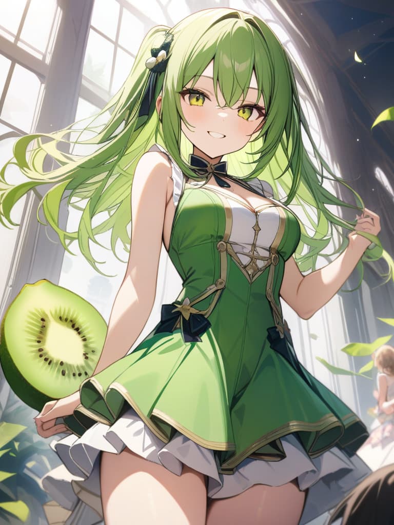  Cute, girl, long hair, thin body, kiwill fruit, kiwi decoration, yellow green eyes, yellow green hair, half twin tail, large eyes, idol, smile, masterpiece, best quality,8k,ultra detailed,high resolution,an extremely delicate and beautiful,hyper detail