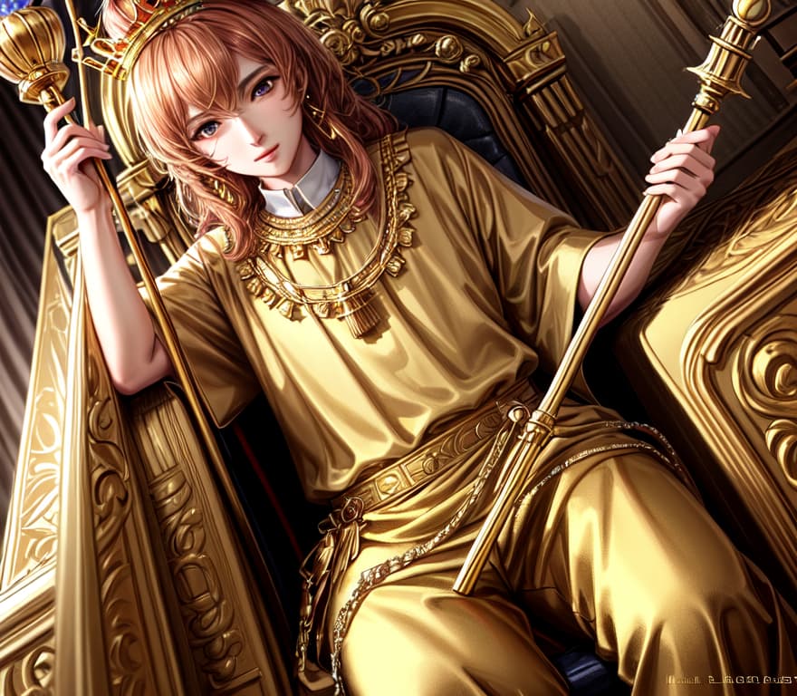  King, man, gold crown, sitting on the throne, holding a staff, 8k, high quality, masterpiece, best quality, hd, extremely detailed, lighthearted atmosphere, volumetric lighting, photorealistic