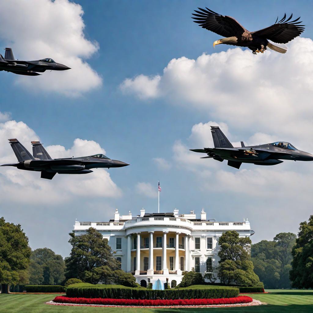  President Trump, Steve Bannon, General Flynn, Rep Tim Byron, and founding fathers armed with AR-15s protecting the White House on a clear beautiful day. In the sky above, there are two eagles flying and two F35 fighter jets. hyperrealistic, full body, detailed clothing, highly detailed, cinematic lighting, stunningly beautiful, intricate, sharp focus, f/1. 8, 85mm, (centered image composition), (professionally color graded), ((bright soft diffused light)), volumetric fog, trending on instagram, trending on tumblr, HDR 4K, 8K