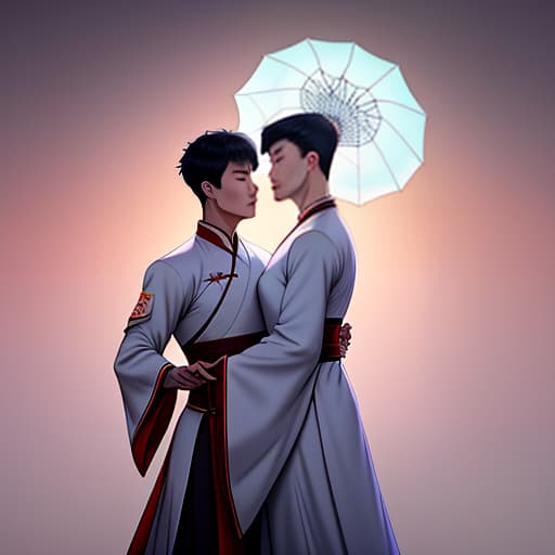  two chinese men in hanfu huggung each other hyperrealistic, full body, detailed clothing, highly detailed, cinematic lighting, stunningly beautiful, intricate, sharp focus, f/1. 8, 85mm, (centered image composition), (professionally color graded), ((bright soft diffused light)), volumetric fog, trending on instagram, trending on tumblr, HDR 4K, 8K